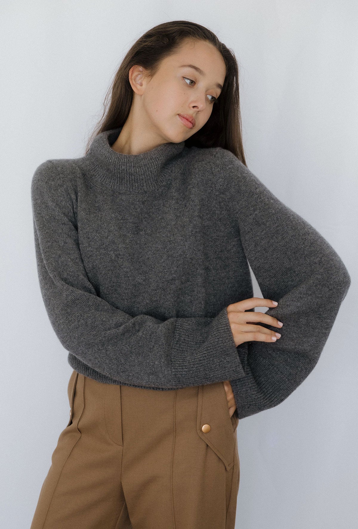 Wide Sleeves Grey 100% Cashmere Sweater