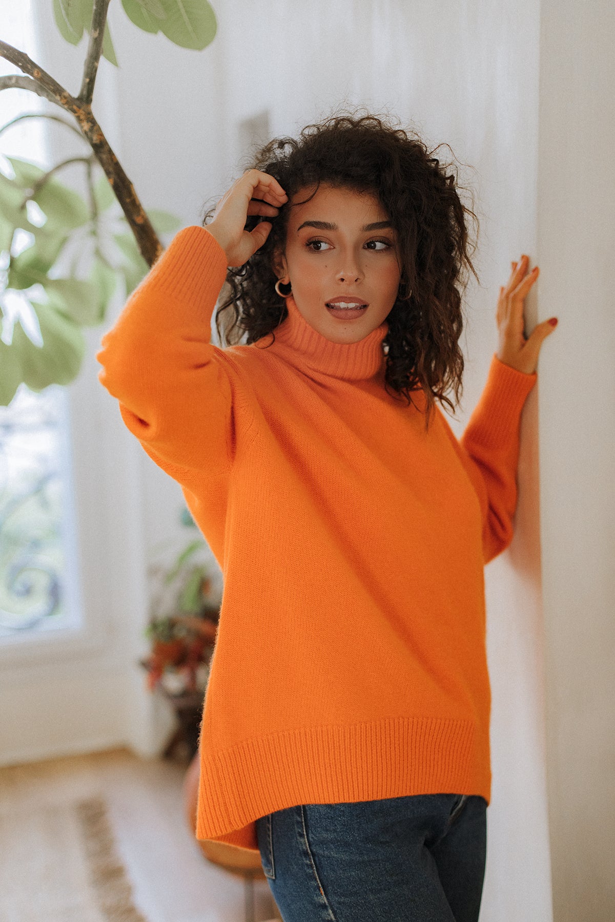 Hot Orange 100% Cashmere Turtleneck Sweater
